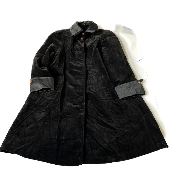 Velvet COAT Vintage Goth Black Knee Length Size 14 Fabric Collar & Cuffs Pockets - Picture 4 of 8